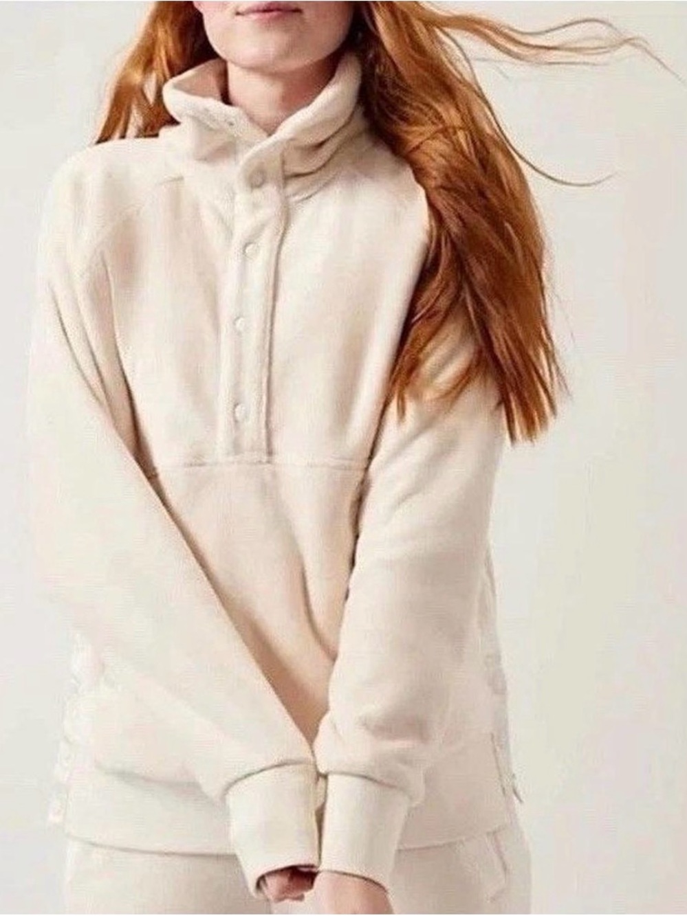 Athleta Recovery Cozy Snap Front Cream Pullover Soft Plush Sweatshirt Size M